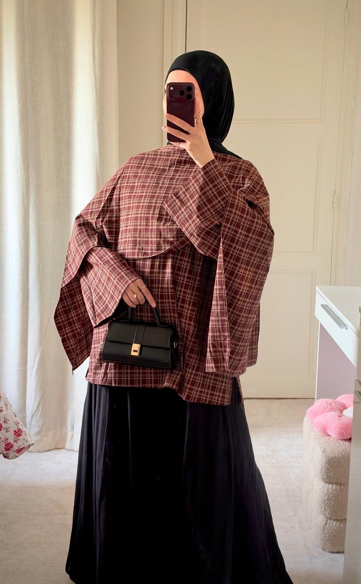 Haut à carreaux avec cape bordeaux - Eda&Chic